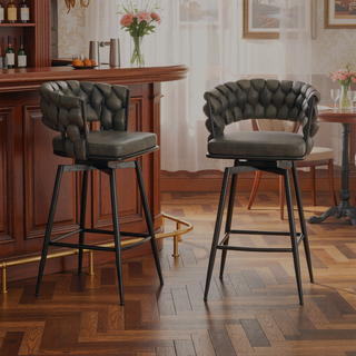 Sunvega Technical Leather Woven Swivel Bar Stools Set of 2 with Back and Footrest