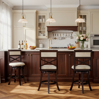 Sunvega 24 Inch Counter Height X-Back Swivel Stool with Beige Fabric Seat and Cherry Finish