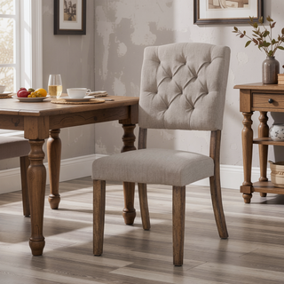 Sunvega Beige Linen Upholstered Transitional Side Chairs with Tufted Back and Tapered Legs