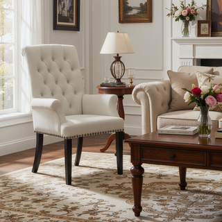 Sunvega Norwich Sand Upholstered Dining Arm Chair with Button-Tufted Back and Nailhead Trim