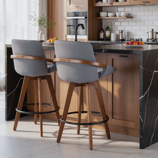 Sunvega Mid-Century Modern Walnut Finish Counter Stool with Faux Leather Seat