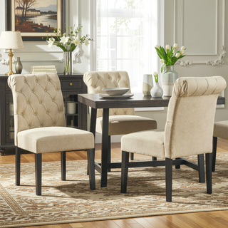 Sunvega Ivory Linen Upholstered Tufted Dining Chairs with Rolled Top Set of 2