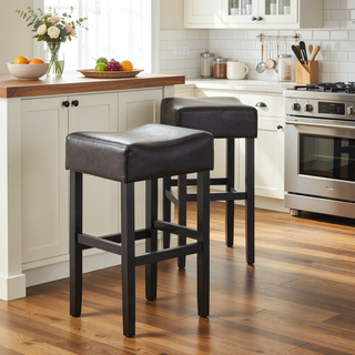 Sunvega 30-Inch Brown Faux Leather Backless Bar Stool with Sturdy Rubberwood Legs
