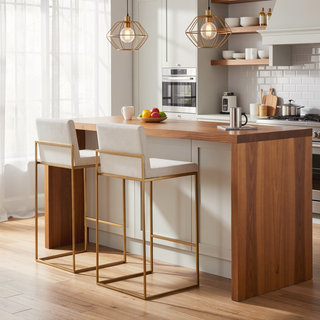 Sunvega Fuji Contemporary High Back Barstool with Padded Seat in Gold Steel and Beige Fabric