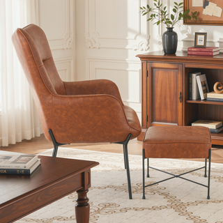 Sunvega Industrial Lounge Chair and Ottoman Set with Black Metal Frame and Faux Leather