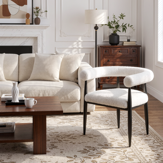 Sunvega Notting Cream Boucle Upholstered Dining Arm Chairs with Black Legs