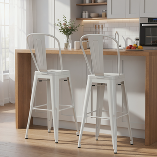 Sunvega White Metal Counter Height Stools with Curved Back and Footrest Set of 2