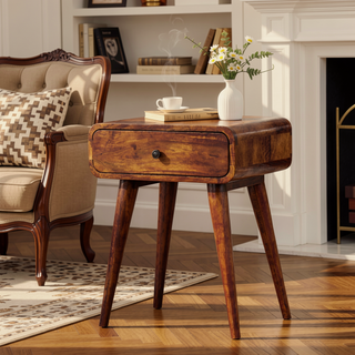 Sunvega Handcrafted Solid Mango Wood Nightstand with Drawer and Nordic Legs