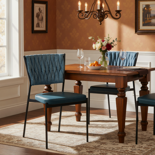 Sunvega Contemporary Braided Tania Chair with Faux Leather Upholstery and Black Metal Legs