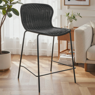 Sunvega Brown Faux Rattan Metal Counter Chair Set with Timeless Inviting Aesthetic