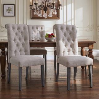 Sunvega Beige Linen Upholstered Tufted Back Side Chairs with Grey Legs Set of 2
