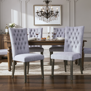 Sunvega Grey Linen Upholstered Button Tufted Side Chairs with Wooden Tapered Legs