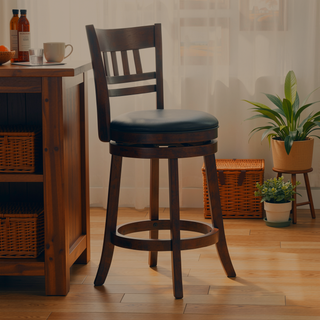 Sunvega Dark Cherry Finish Solid Wood Bar Chair with 360-Degree Swivel and Footrest