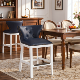 Sunvega Midnight Blue Faux Leather Upholstered Counter Stool with White Wood Base