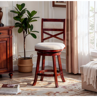 Sunvega 24 Inch Counter Height X-Back Swivel Stool with Beige Fabric Seat and Cherry Finish