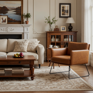 Sunvega Industrial Black Metal and Camel Faux Leather Accent Chair with Tufted Backrest