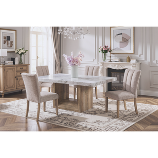 Sunvega Beige Rubberwood Dining Chair with Elegant Chanel Pleats Kit of 2