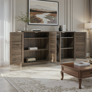 Sunvega 65-Inch Rustic Oak Faux Rattan Sideboard with Four Barn Doors for Living Room