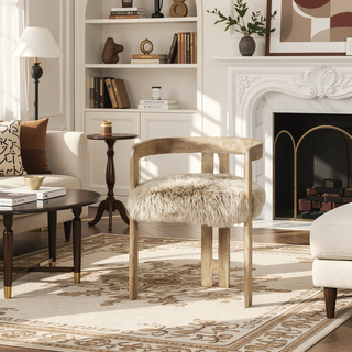 Sunvega Low Back Genuine New Zealand Sheepskin Fur Dining Chair with Solid Ash Wood Frame