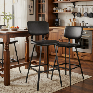 Sunvega Foundry Contemporary Black Metal and Grey Faux Leather Barstools with Zig Zag Stitching