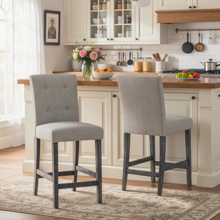 Sunvega Contemporary Fabric Button Tufted Counter Stools Set of 2 Light Grey