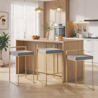 Sunvega Glam Contemporary Gold Metal Frame with Grey Faux Leather Counter Stools Set of 3