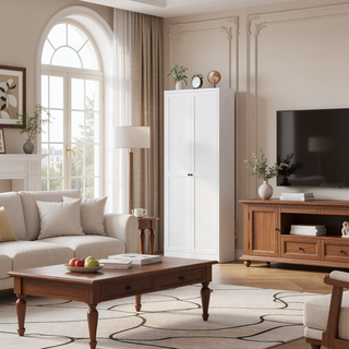 Sunvega Modern Kitchen Pantry Cabinet with Glass Doors and Adjustable Shelves for Living Room