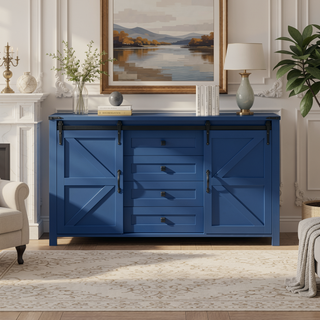 Sunvega 55.1-Inch Farmhouse Sideboard with Sliding Barn Doors and 4 Drawers