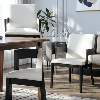 Sunvega Modern Walnut Finish Wood and White Glossy PU Leather Dining Chairs Set of 2