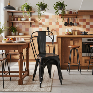 Sunvega Set of 4 High Gloss Black Industrial Metal Dining Chairs with 18 Inch Seat Height