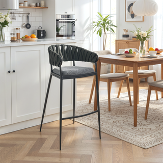 Sunvega Black Metal Bar Stool with Gray Faux Leather Back and Fabric Seat