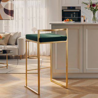 Sunvega Gold Metal Frame Green Velvet Cushion Stackable Counter Stool Set of 3