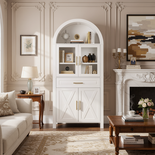 Sunvega Farmhouse Arched Glass Door Pantry Cabinet with Adjustable Shelves for Kitchen