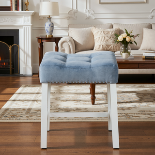 Sunvega Set of 2 Velvet Stools with Tufted Saddle Seats in White-Wash Finish