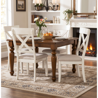 Sunvega Antique White Wood Cross Back Upholstered Dining Chairs with Light Tan Fabric
