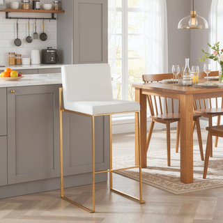 Sunvega Fuji High Back Barstool Set of 3 in Gold Steel and White Velvet