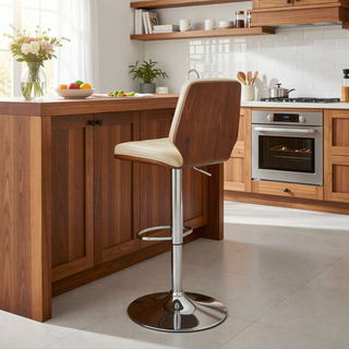 Sunvega Adjustable Swivel Cream Faux Leather Bar Stool with Walnut Back