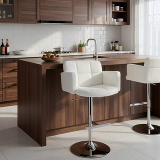 Sunvega Stout Contemporary Adjustable Barstool with Swivel and White Faux Leather