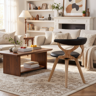 Sunvega Mid-Century Modern Dining Chair in White Washed Wood and Brown Faux Leather