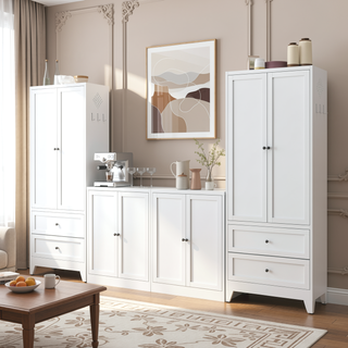 Sunvega Modern Kitchen Pantry Cabinet with Glass Doors and Adjustable Shelves for Living Room