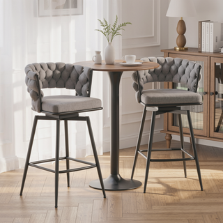 Sunvega Linen Woven 360 Swivel Bar Stools Set of 2 with Back and Footrest Grey