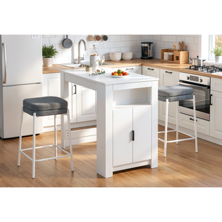 Sunvega Set of 2 Grey Fabric Backless Barstools with White Metal Legs and Footrest