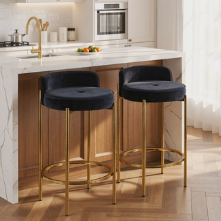 Sunvega Gold Metal and Black Velvet Upholstered Counter Stool Set of Two