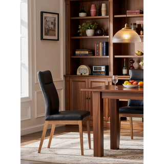 Sunvega Black Leather Walnut Finish Side Chair Set of 2 with Padded Seat