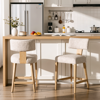 Sunvega Penny Round Arched Upholstered Counter Stool Set of 2 in Travertine Beige Chenille