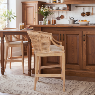 Sunvega Handcrafted Natural Rattan Counter Stool with Soft Linen Upholstery and Solid Wood Legs