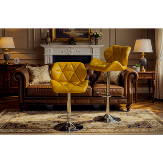 Sunvega Blue PU Leather Diamond-Tufted Swiveling Adjustable Height Bar Stools Set of 2