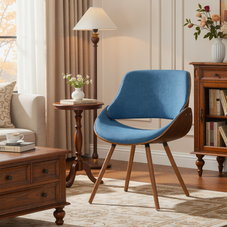 Sunvega Blue Linen Look Bentwood Dining Chair with Curved Padded Seat and Back