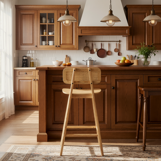 Sunvega Natural Wood Barstool Set with Rattan Backrest and Curved Seat
