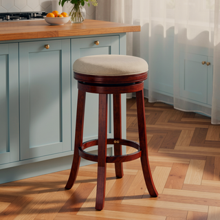 Sunvega 30 Inch Bar Stool with Beige Fabric Seat and Cherry Finish